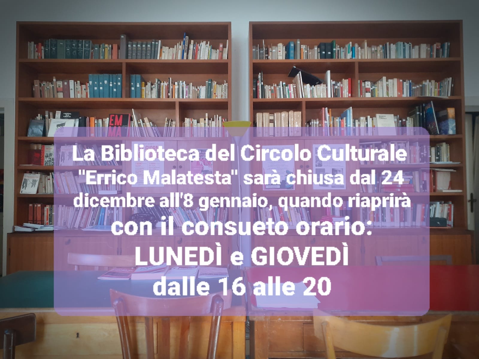 Avviso chiusura Biblioteca Circolo Culturale "Malatesta" per periodo delle festivit&agrave; natalizie