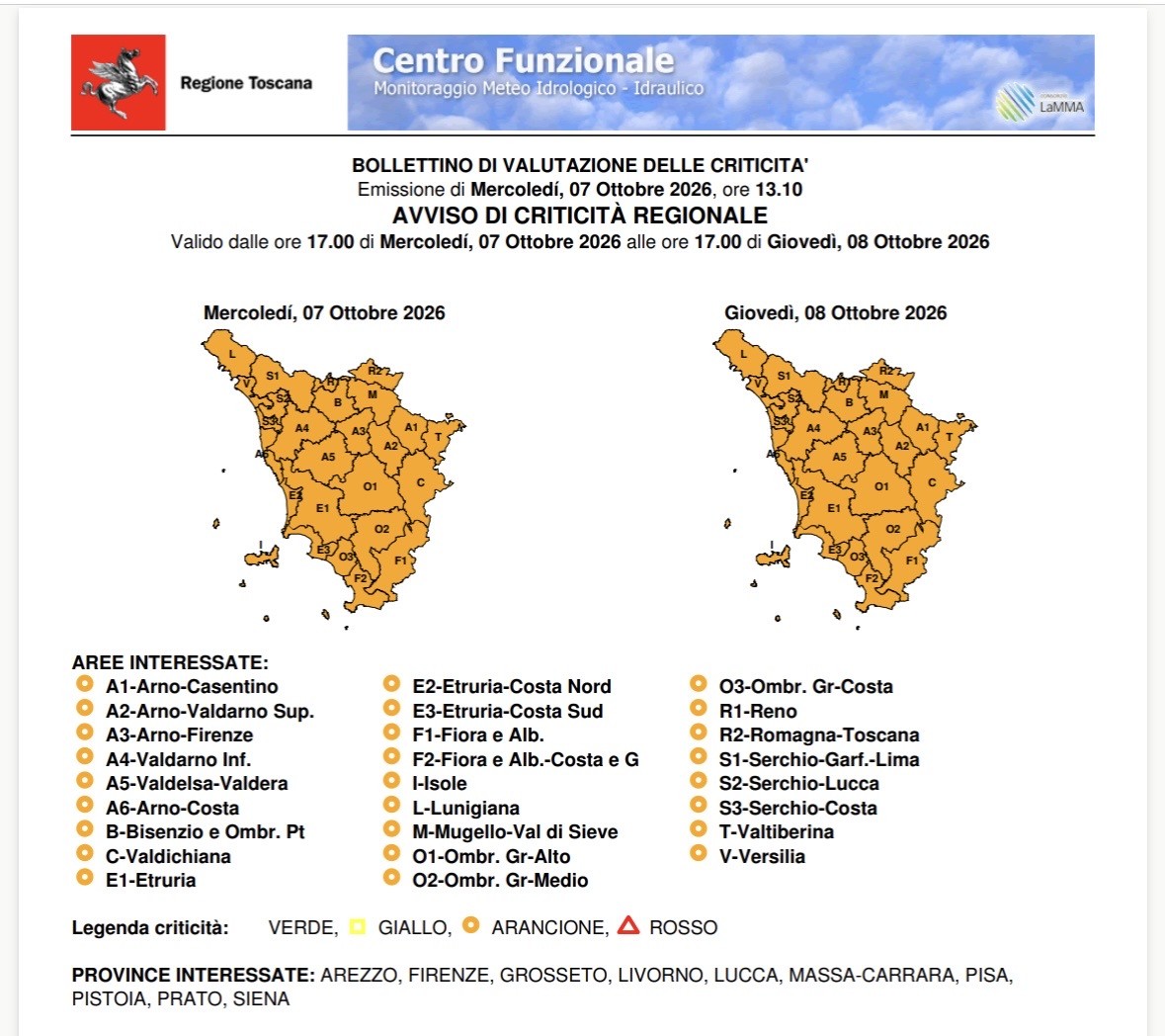 Comune di Livorno : Allerta arancio dalle 17 del 7/10 alle 17 del 8/10 - Parchi chiusi