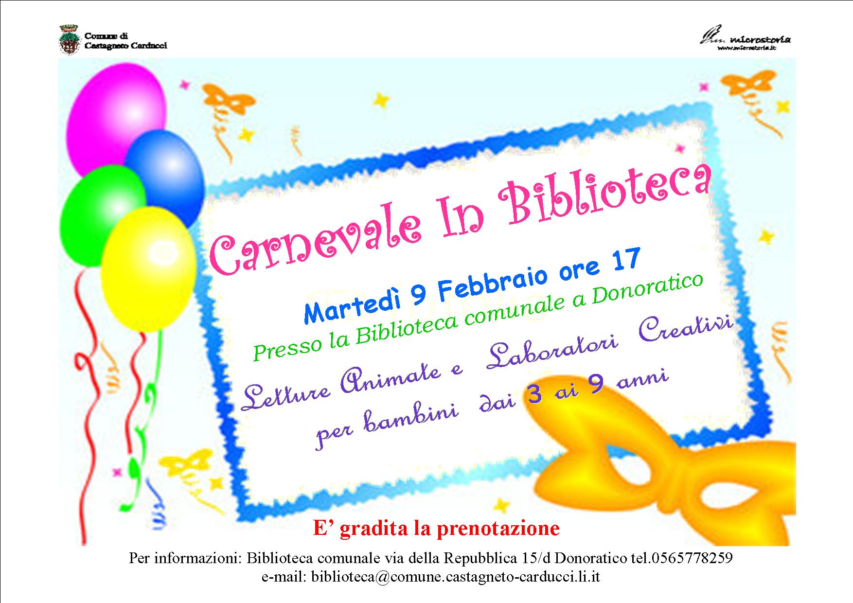 "Carnevale in Biblioteca" :  letture animate e laboratori creativi per bambini dai 3 ai 9 anni